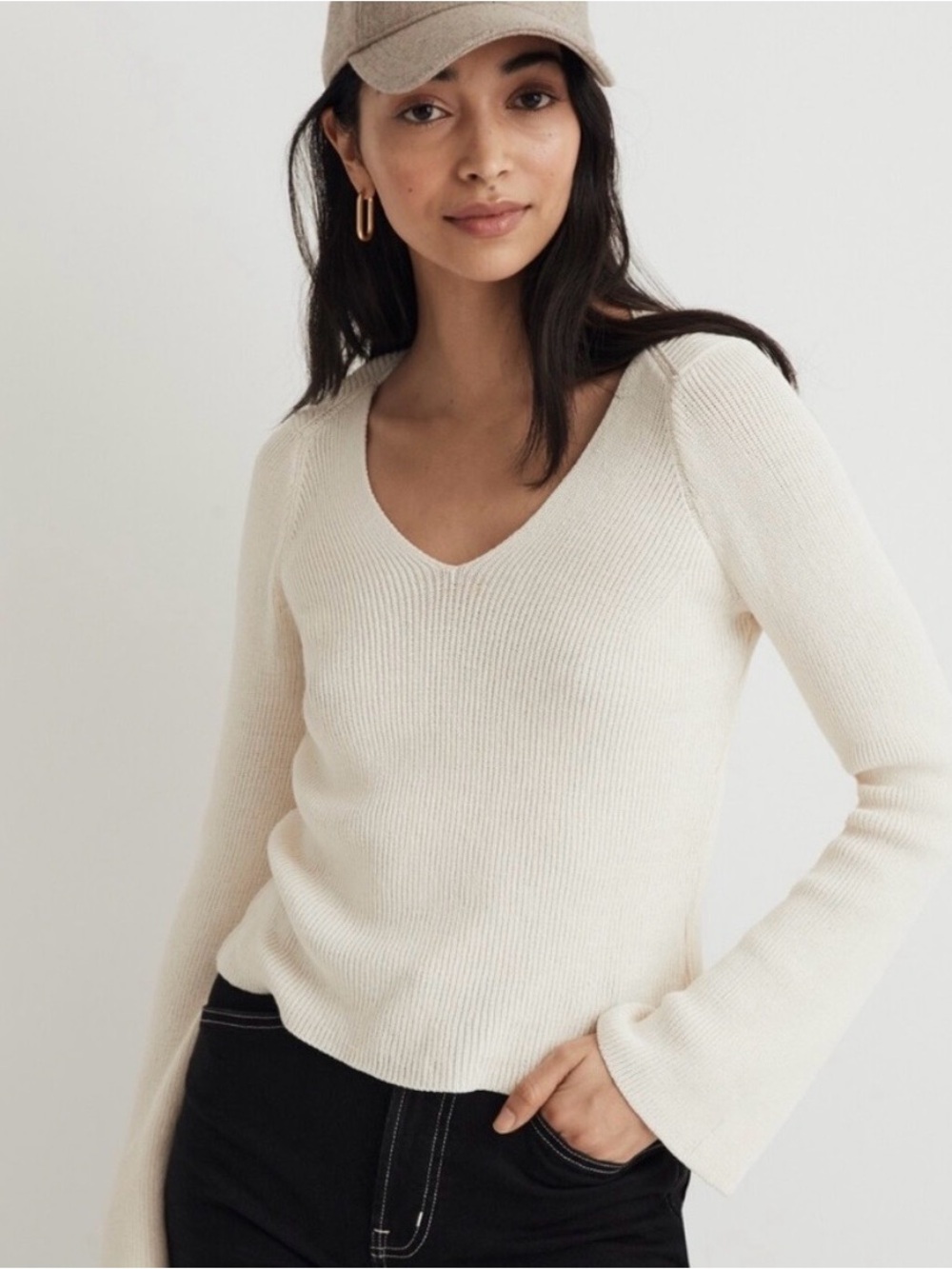 Madewell Cream V-Neck Ribbed Sweater